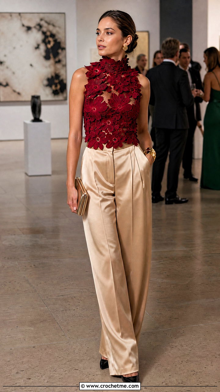 Floral Crochet High Neck Top With Satin Trousers - 35 crochet floral top outfit ideas
