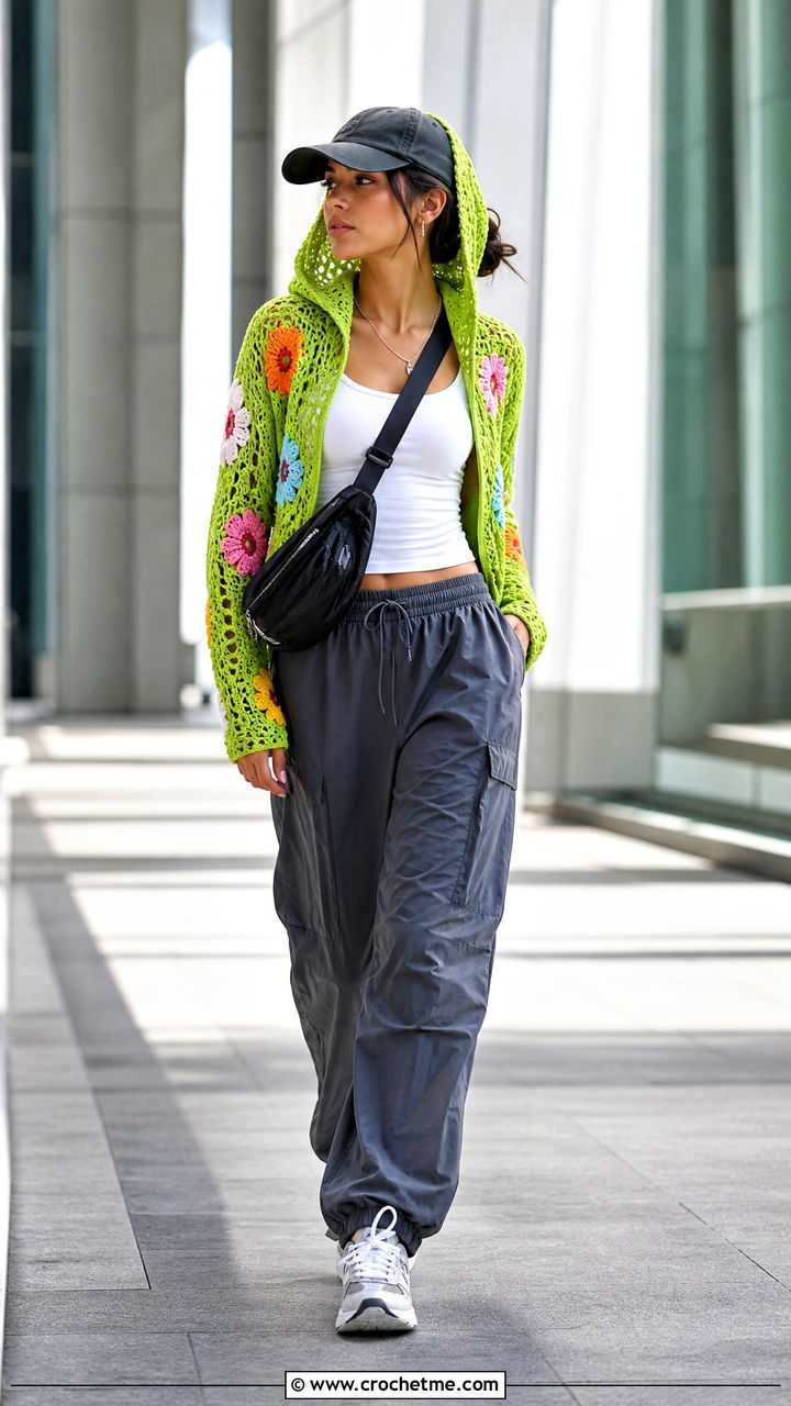 Floral Crochet Hoodie Top With Parachute Pants - 35 crochet flower top outfit ideas