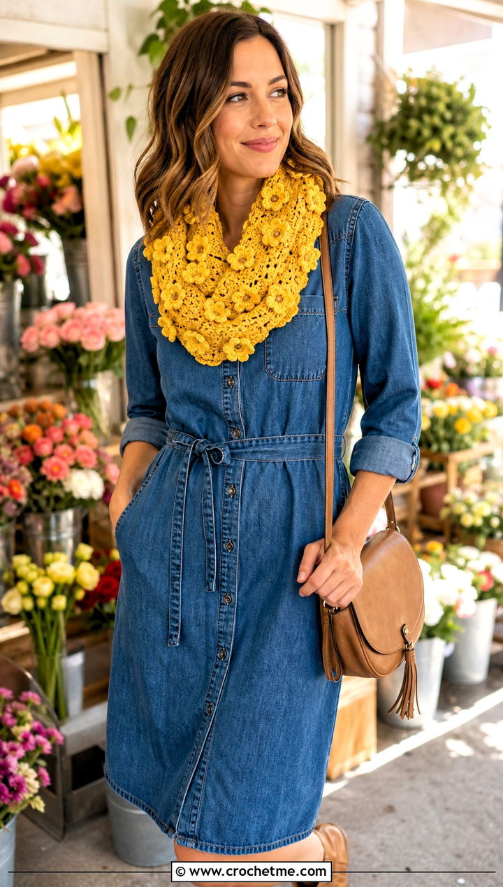 Floral Crochet Infinity Scarf With Denim Dress - 30 crochet infinity scarves outfit ideas