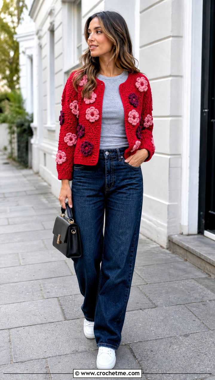 Floral Crochet Jacket With Dark Wash Denim - 15 Colorful Floral Crochet Clothing and outfit ideas