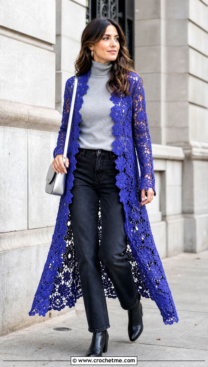 Floral Crochet Lace Duster With Turtleneck And Jeans - 25 crochet lace cover up outfit ideas