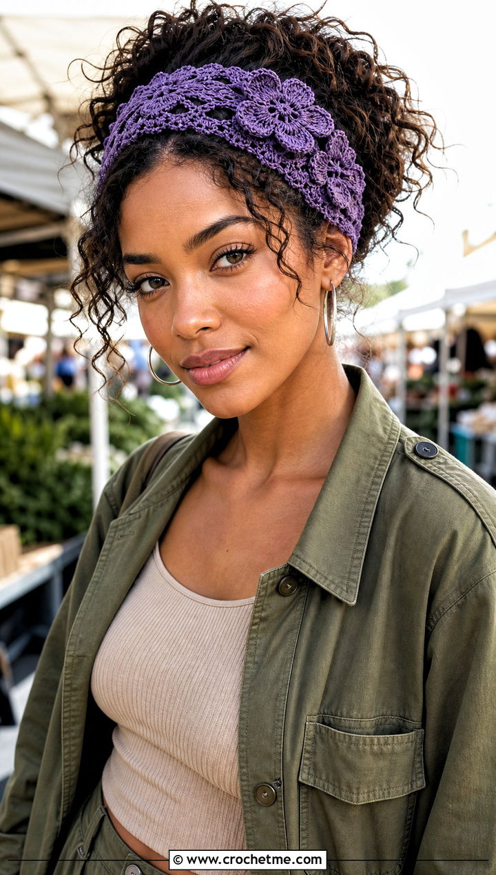 Floral Crochet Lace Headband With Utility Jacket And Cargo Pants - 30 crochet lace headband outfit ideas