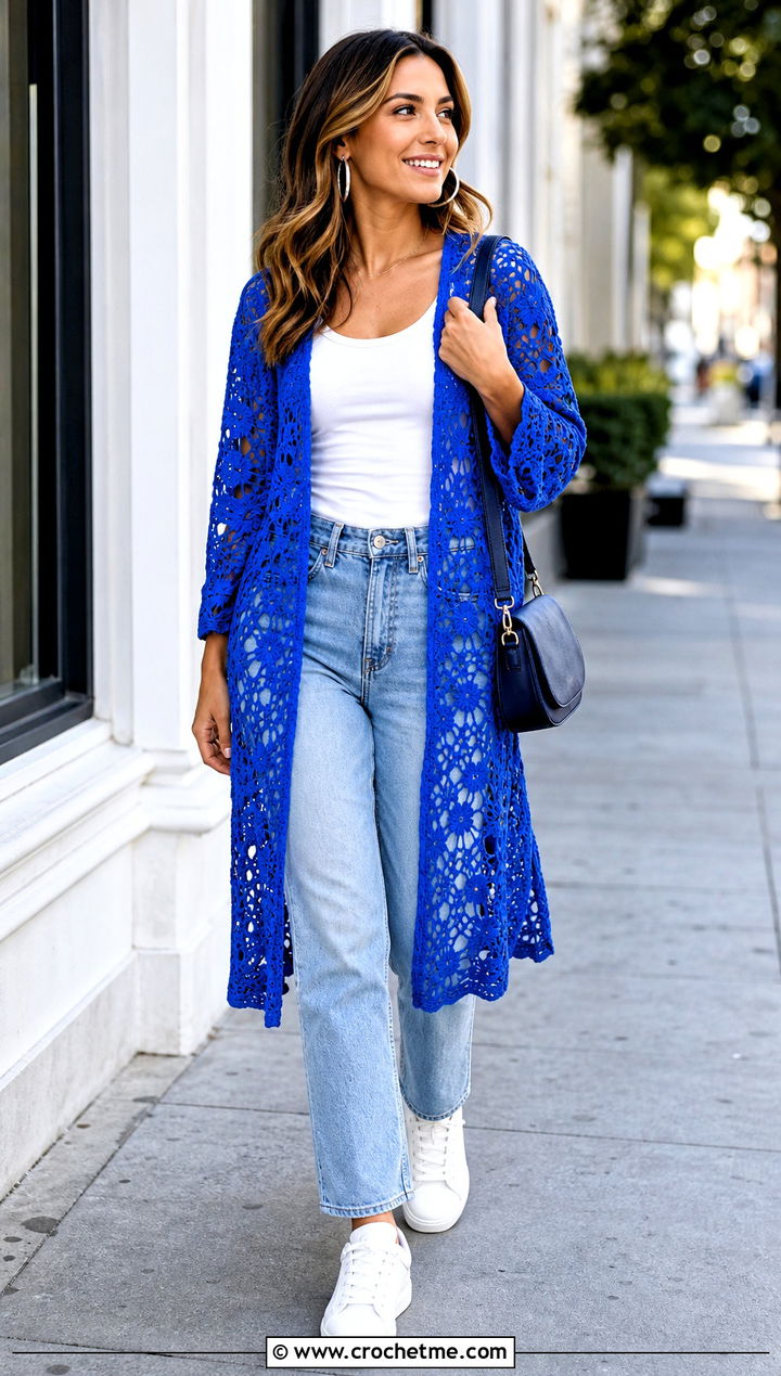 Floral Crochet Lace Kimono With Straight Leg Jeans - 25 crochet lace kimono outfit ideas