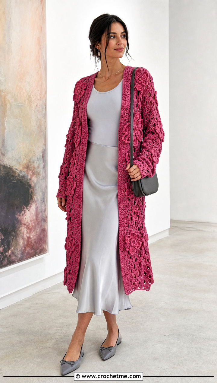 Floral Crochet Long Cardigan With a Satin Skirt - 20 Easy Crochet Long Cardigan outfit ideas