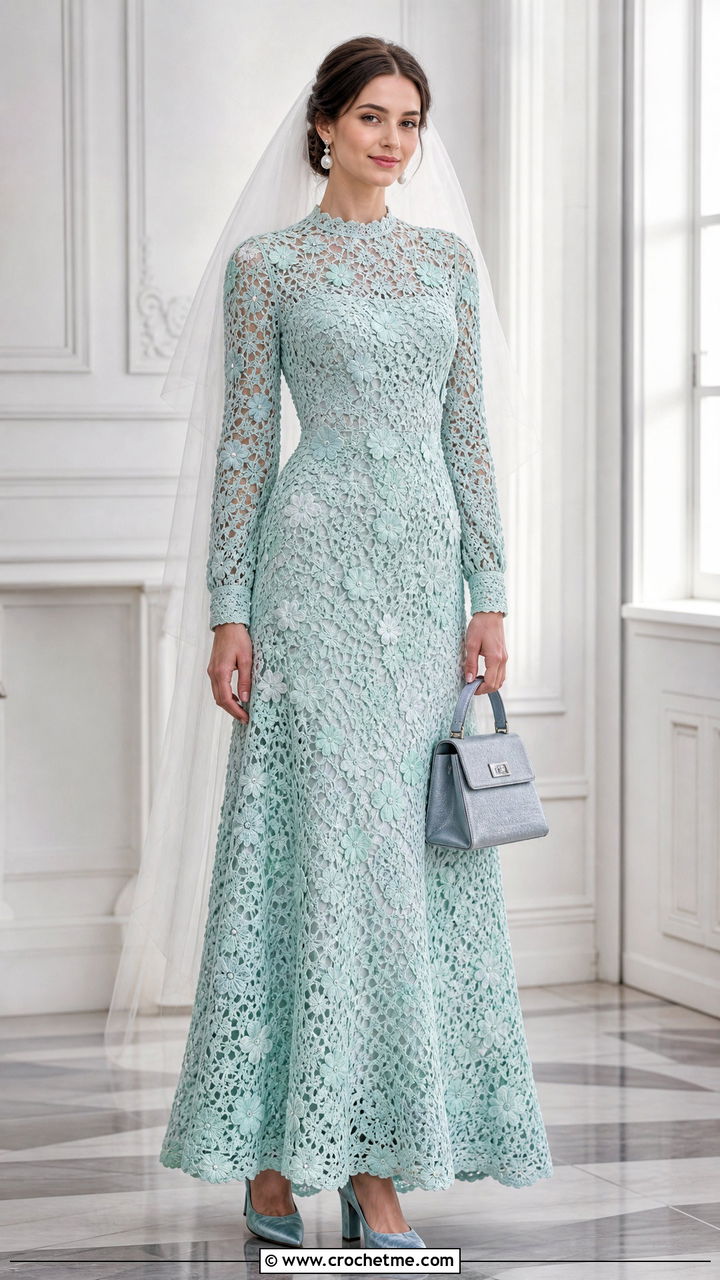 Floral Crochet Long Sleeve Wedding Dress - 35 crochet wedding dresses outfit ideas