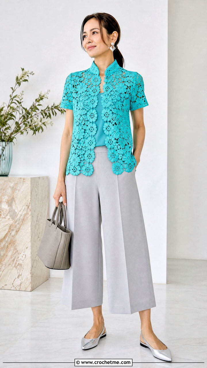 Floral Crochet Mandarin Collar Shirt With Culottes - 35 Crochet Flower Shirt outfit ideas