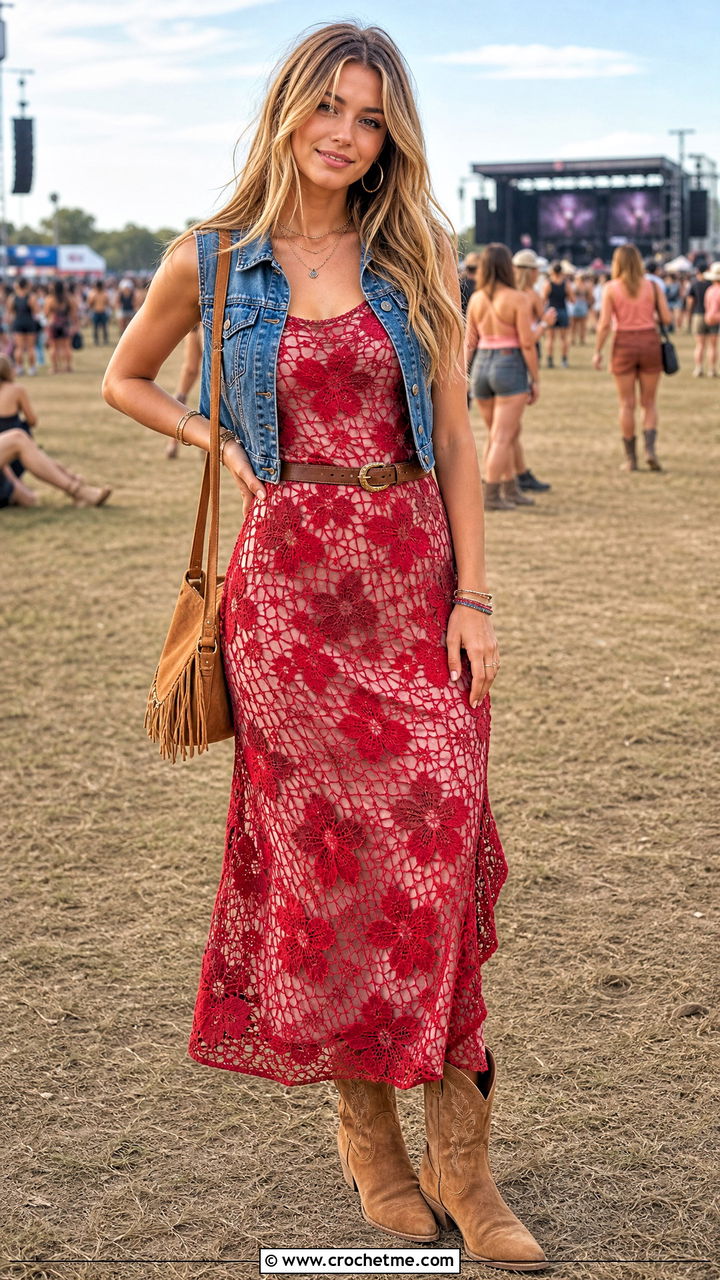 Floral Crochet Mesh Dress With Cowboy Boots - 35 crochet mesh dress outfit ideas