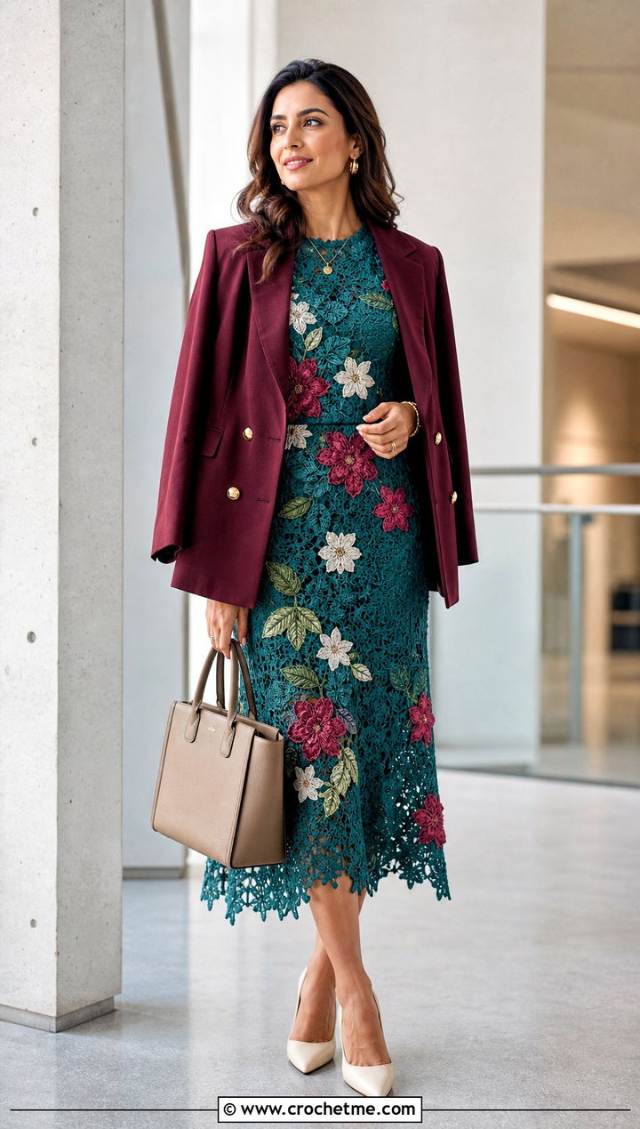 Floral Crochet Midi Dress With Blazer - 15 Colorful Floral Crochet Clothing and outfit ideas