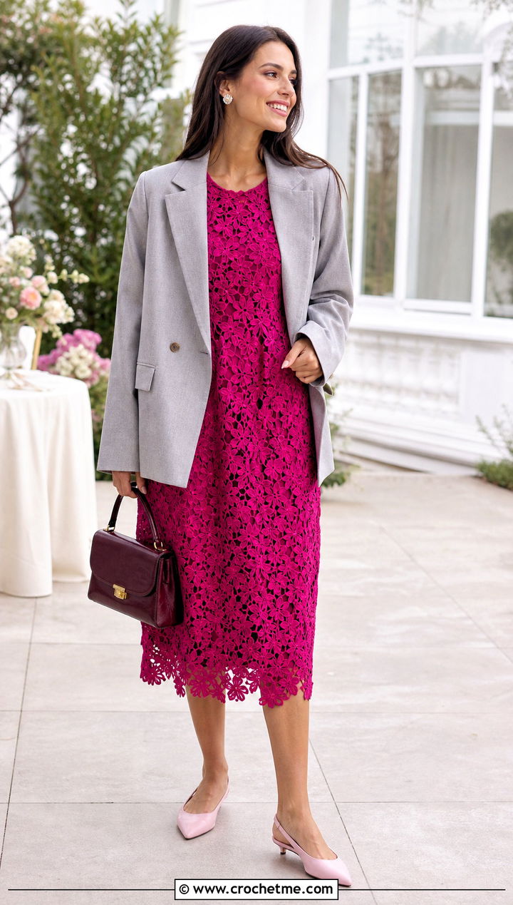 Floral Crochet Midi Dress With Oversized Blazer - 35 whimsical crochet clothes and outfit ideas