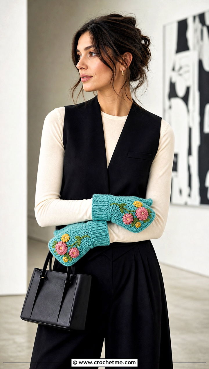 Floral Crochet Mittens With Tailored Vest - 30 crochet hand mittens outfit ideas
