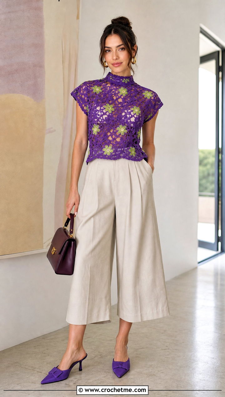 Floral Crochet Mock Neck Top With Culottes - 35 floral crochet top outfit ideas