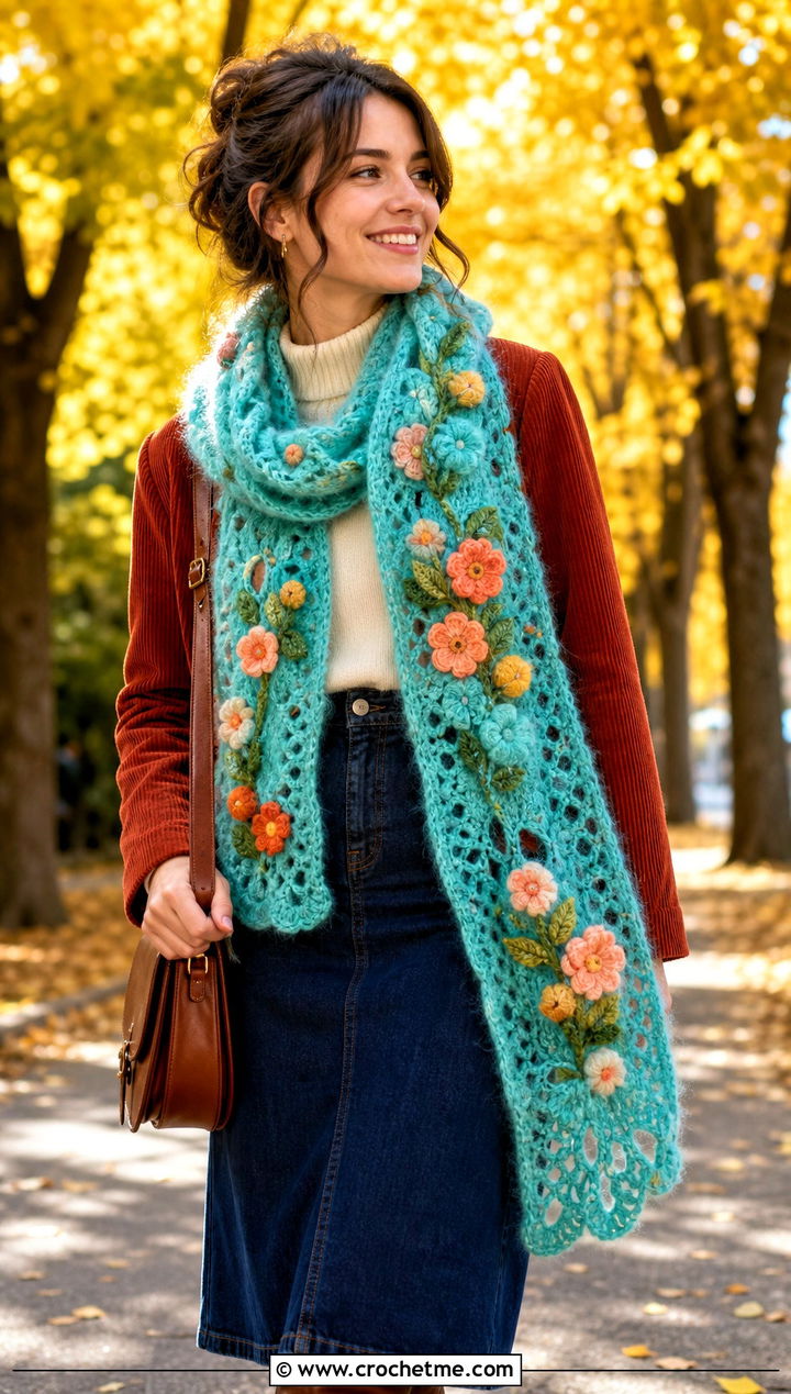 Floral Crochet Mohair Scarf With Corduroy Jacket - 30 crochet mohair scarf outfit ideas