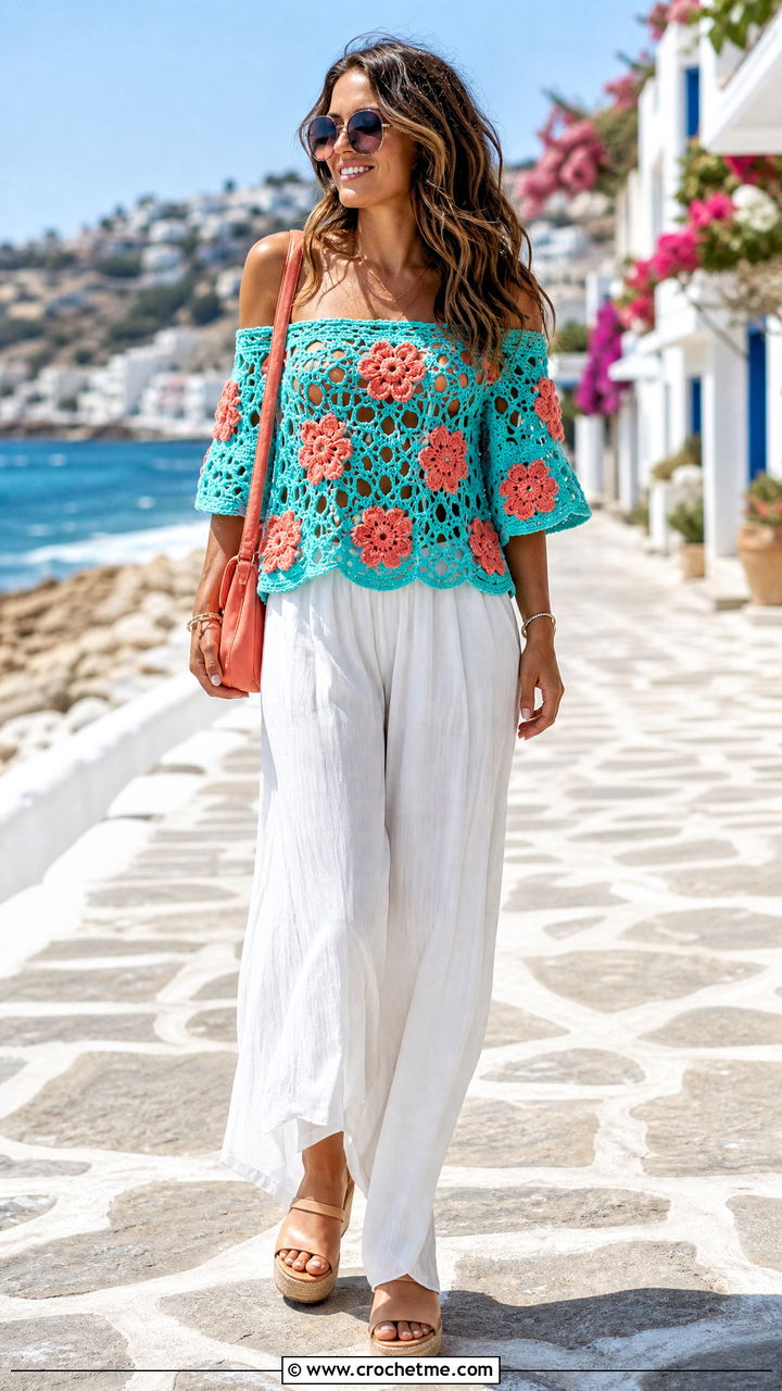 Floral Crochet Off Shoulder Top With Palazzo Pants - 35 crochet floral top outfit ideas