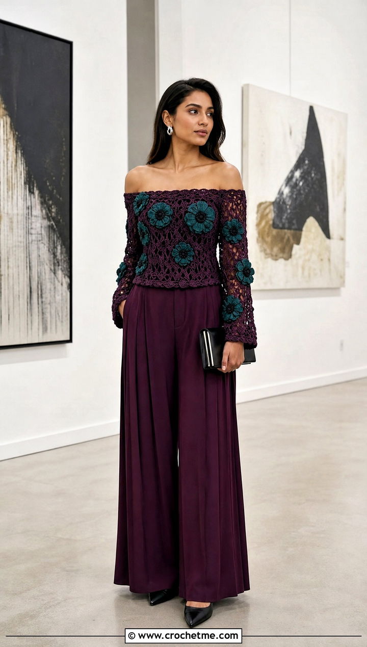 Floral Crochet Off Shoulder Top With Pleated Trousers - 30 Off Shoulder Crochet Top outfit ideas