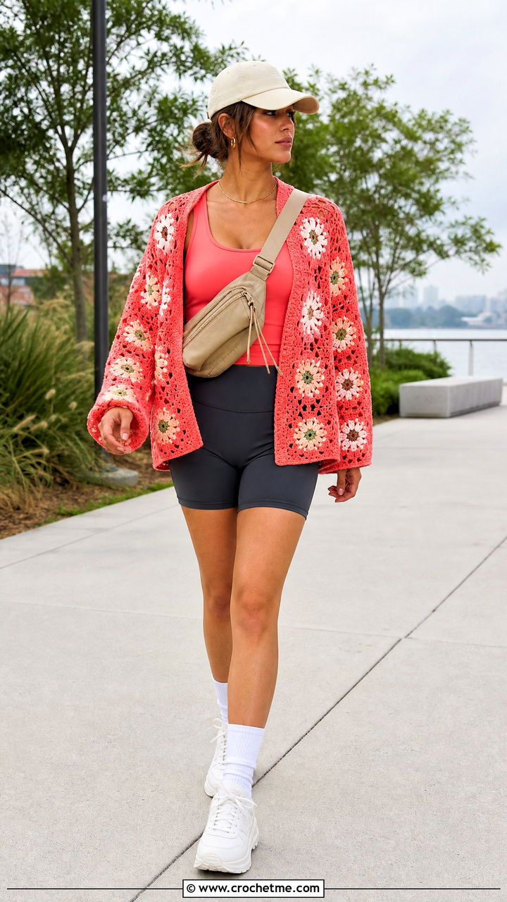 Floral Crochet Overshirt With Bike Shorts - 35 Crochet Flower Shirt outfit ideas