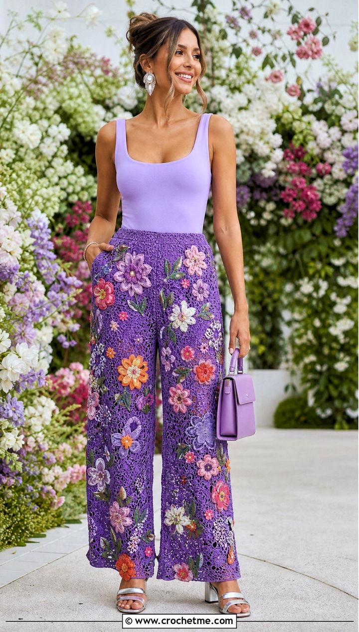 Floral Crochet Palazzo Pants With Fitted Bodysuit - 30 crochet palazzo pants outfit ideas