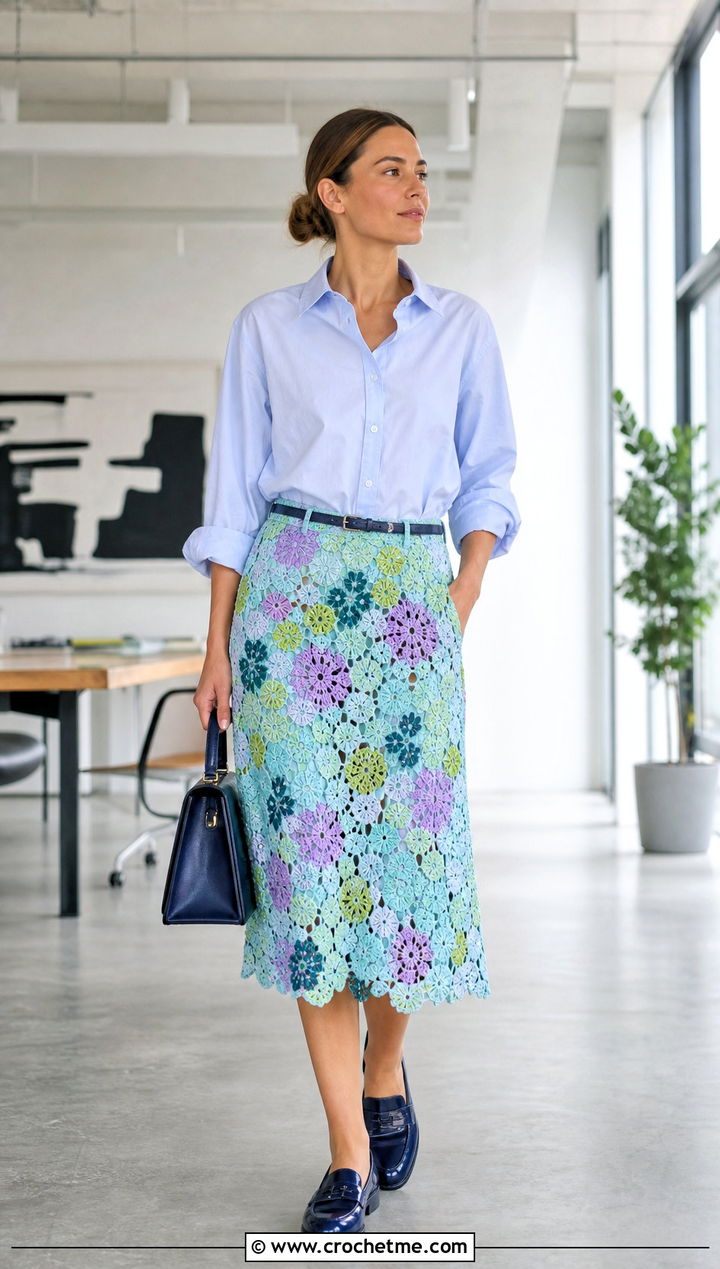 Floral Crochet Patchwork Midi Skirt With Button Down Shirt - 30 crochet patchwork skirt outfit ideas