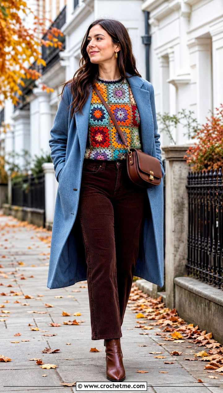 Floral Crochet Patchwork Top With Corduroy Pants - 35 floral crochet top outfit ideas