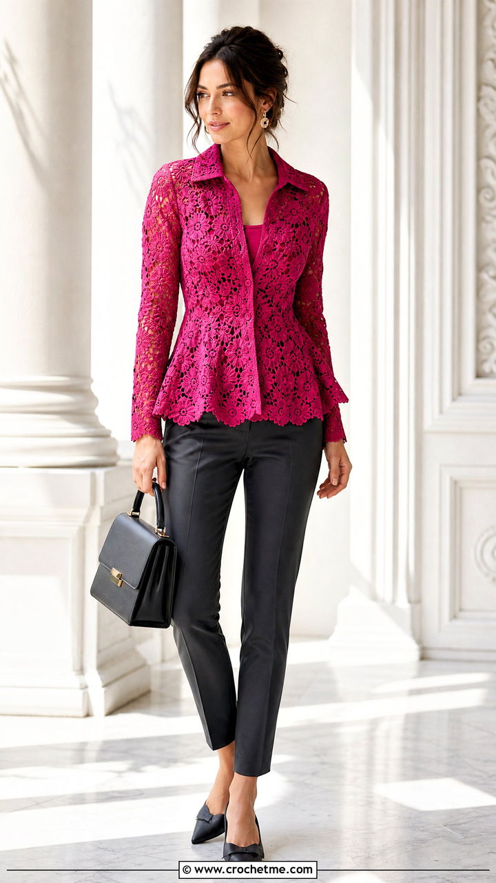 Floral Crochet Peplum Shirt With Cigarette Pants - 35 Crochet Flower Shirt outfit ideas