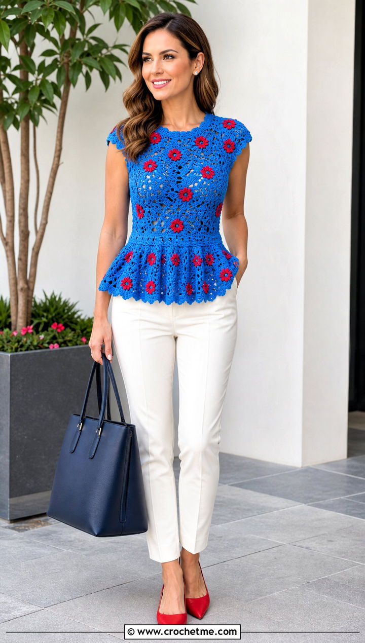 Floral Crochet Peplum Top With Slim Ankle Pants - 35 floral crochet top outfit ideas
