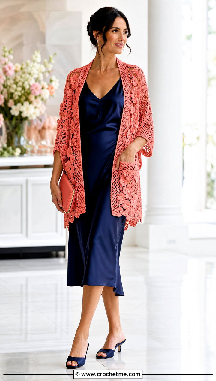 Floral Crochet Pocket Wrap With Slip Dress - 15 Crochet Shawls And Wraps With Pockets outfit ideas