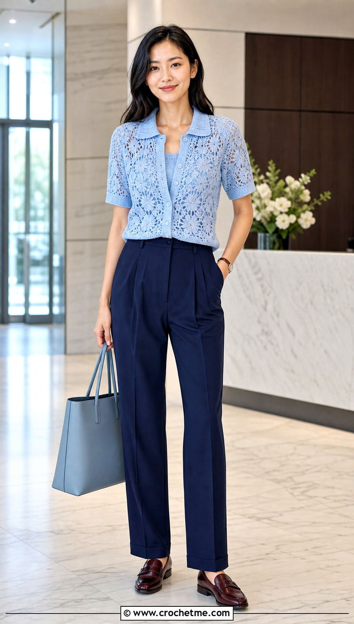 Floral Crochet Polo Top With Pleated Pants - 35 crochet top with flowers outfit ideas