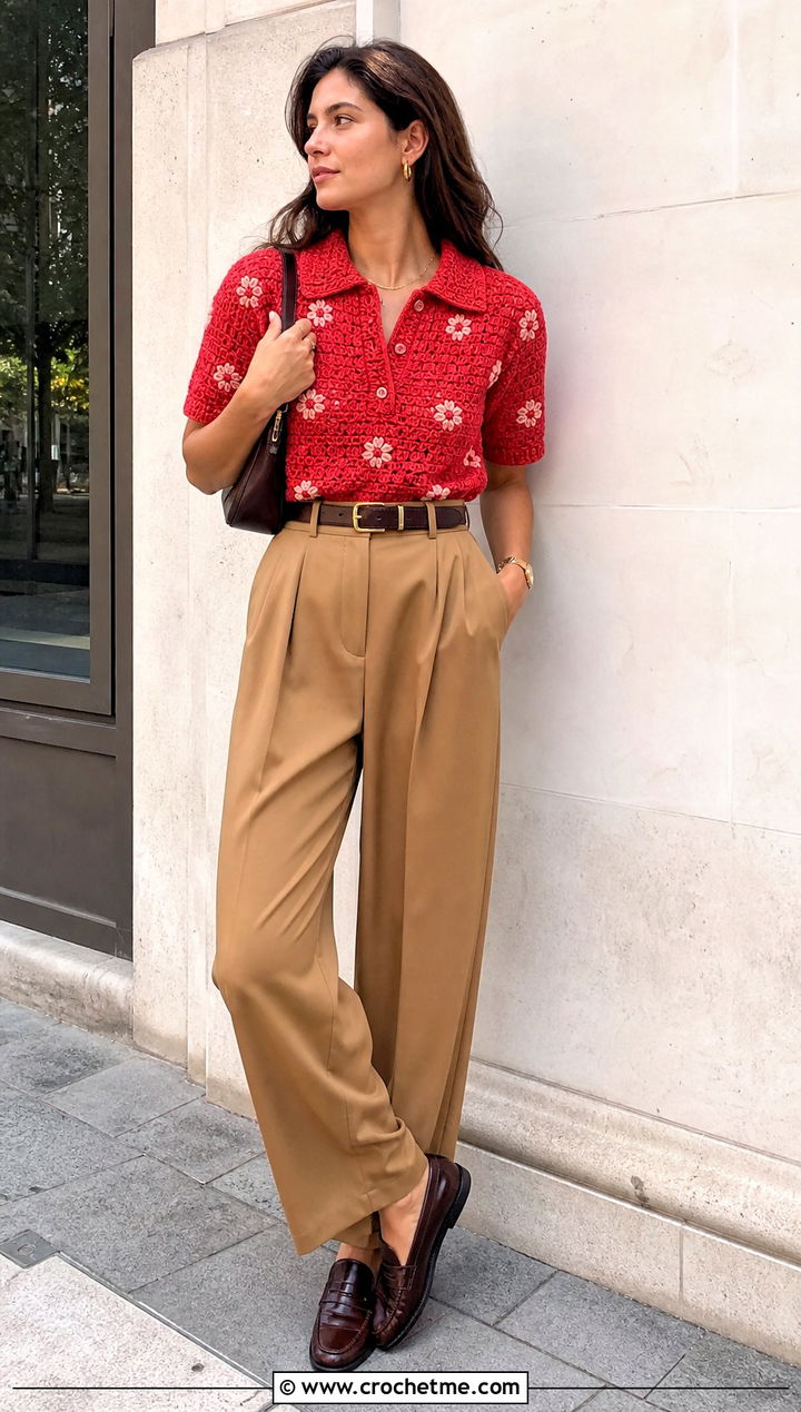 Floral Crochet Polo Top With Pleated Trousers - 35 floral crochet top outfit ideas