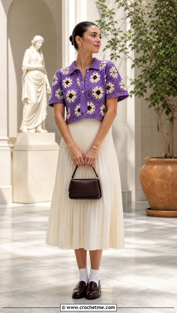 Floral Crochet Polo With Pleated Midi Skirt - 15 Abercrombie Crochet Top outfit ideas