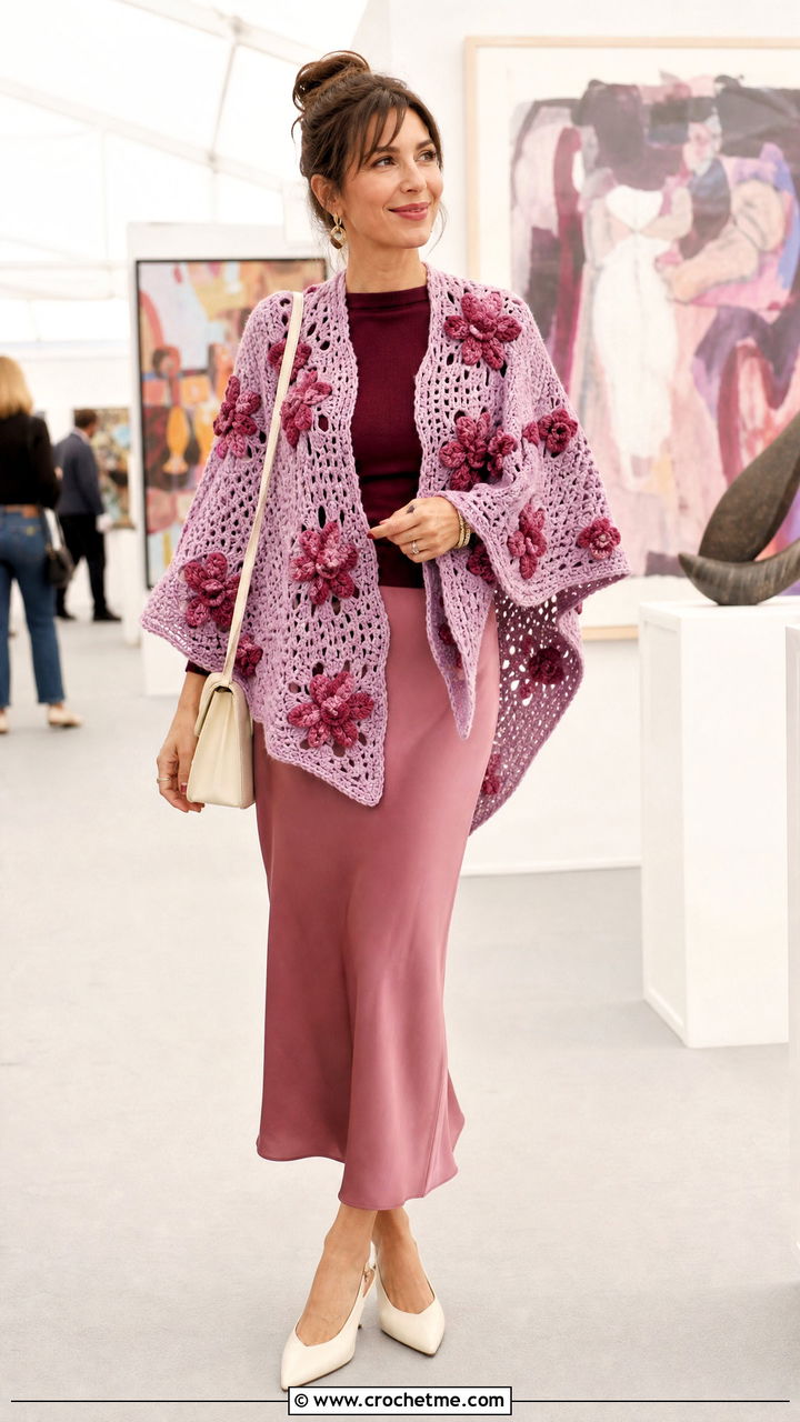 Floral Crochet Poncho With Slip Skirt - 35 crochet ponchos outfit ideas