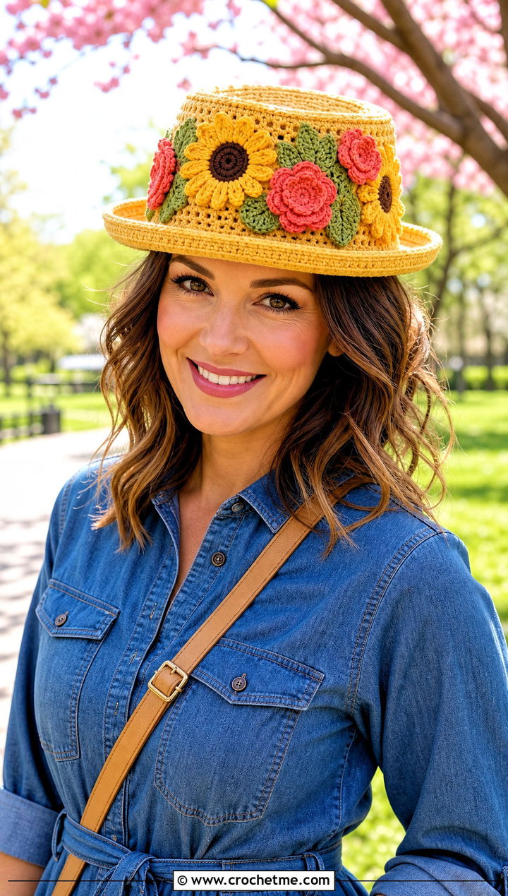 Floral Crochet Pork Pie Hat With Denim Dress - 25 crochet pork pie hat outfit ideas