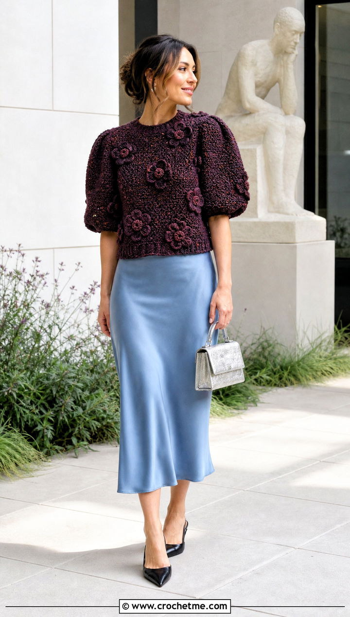 Floral Crochet Puff Sleeve Sweater With Satin Midi Skirt - 25 Crochet Puff Sleeve Sweater outfit ideas