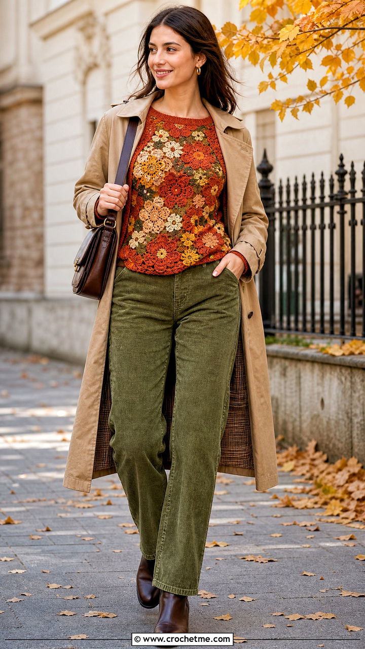 Floral Crochet Raglan Top With Corduroy Pants - 35 crochet floral top outfit ideas