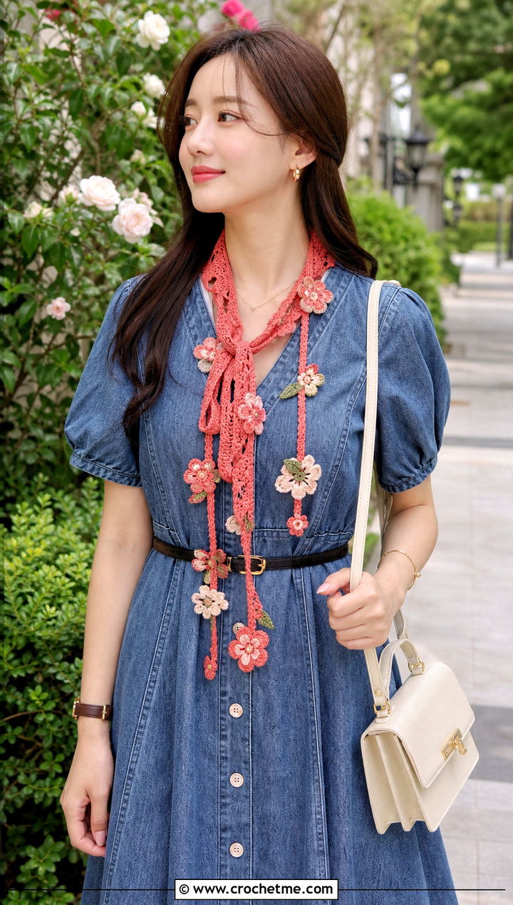 Floral Crochet Ribbon Scarf With Denim Dress - 15 Crochet Ribbon Scarf outfit ideas