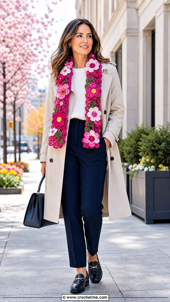 Floral Crochet Scarf With Trench Coat - 35 easy crochet scarf outfit ideas