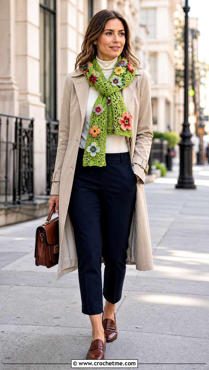 Floral Crochet Scarf With Trench Coat - 35 crochet neck scarf outfit ideas