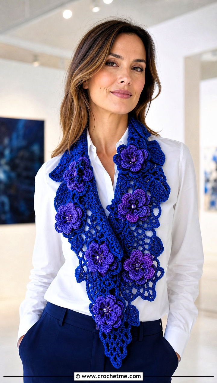 Floral Crochet Scarf With White Shirt And Trousers - 30 wanderlust crochet scarf outfit ideas
