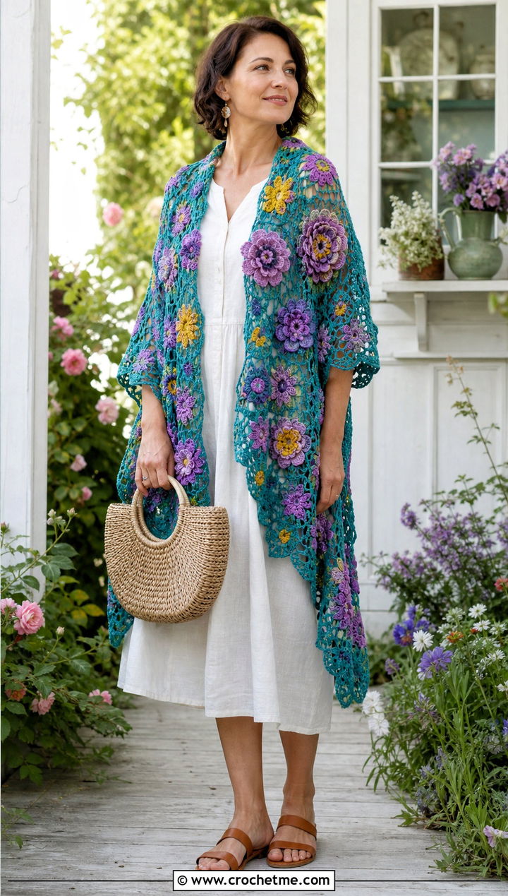 Floral Crochet Shawl With Linen Dress - 25 Crochet A Shawl outfit ideas