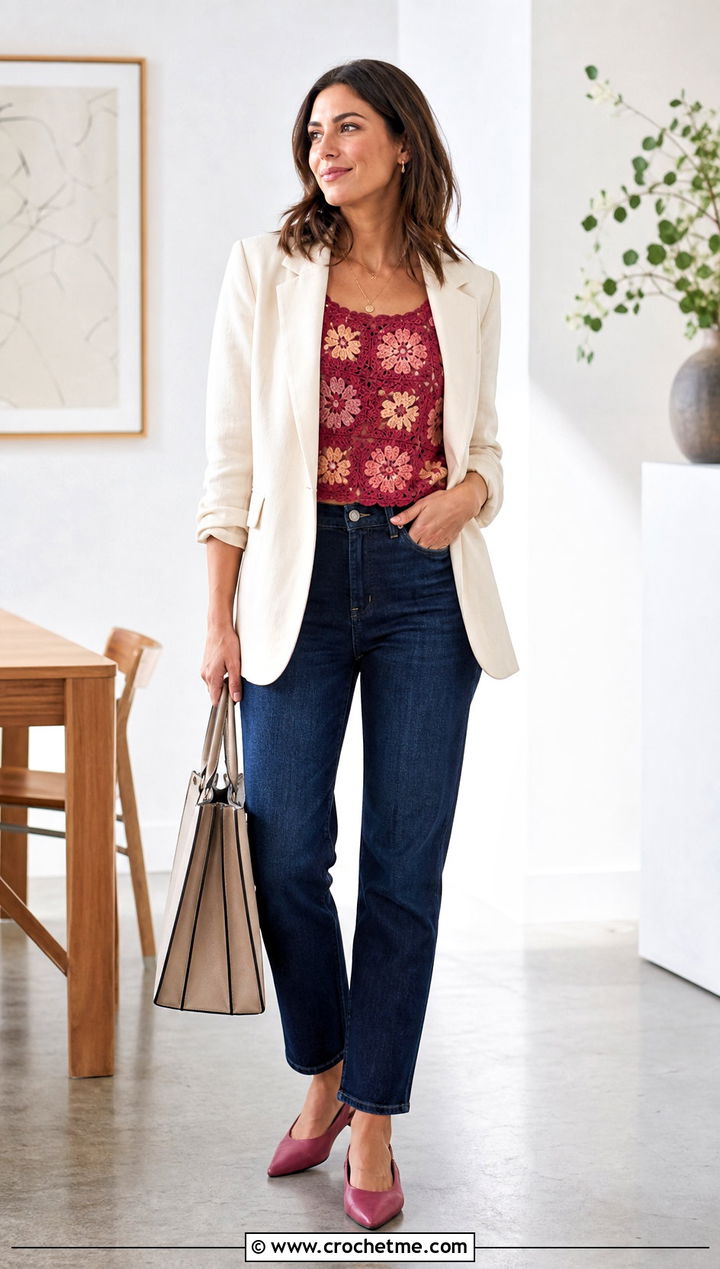Floral Crochet Shell Top With Blazer And Jeans - 35 floral crochet top outfit ideas