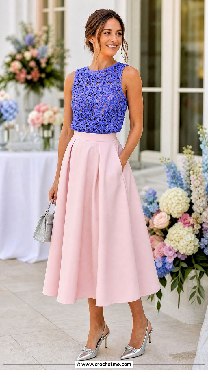 Floral Crochet Shell Top With Full Midi Skirt - 35 crochet floral top outfit ideas
