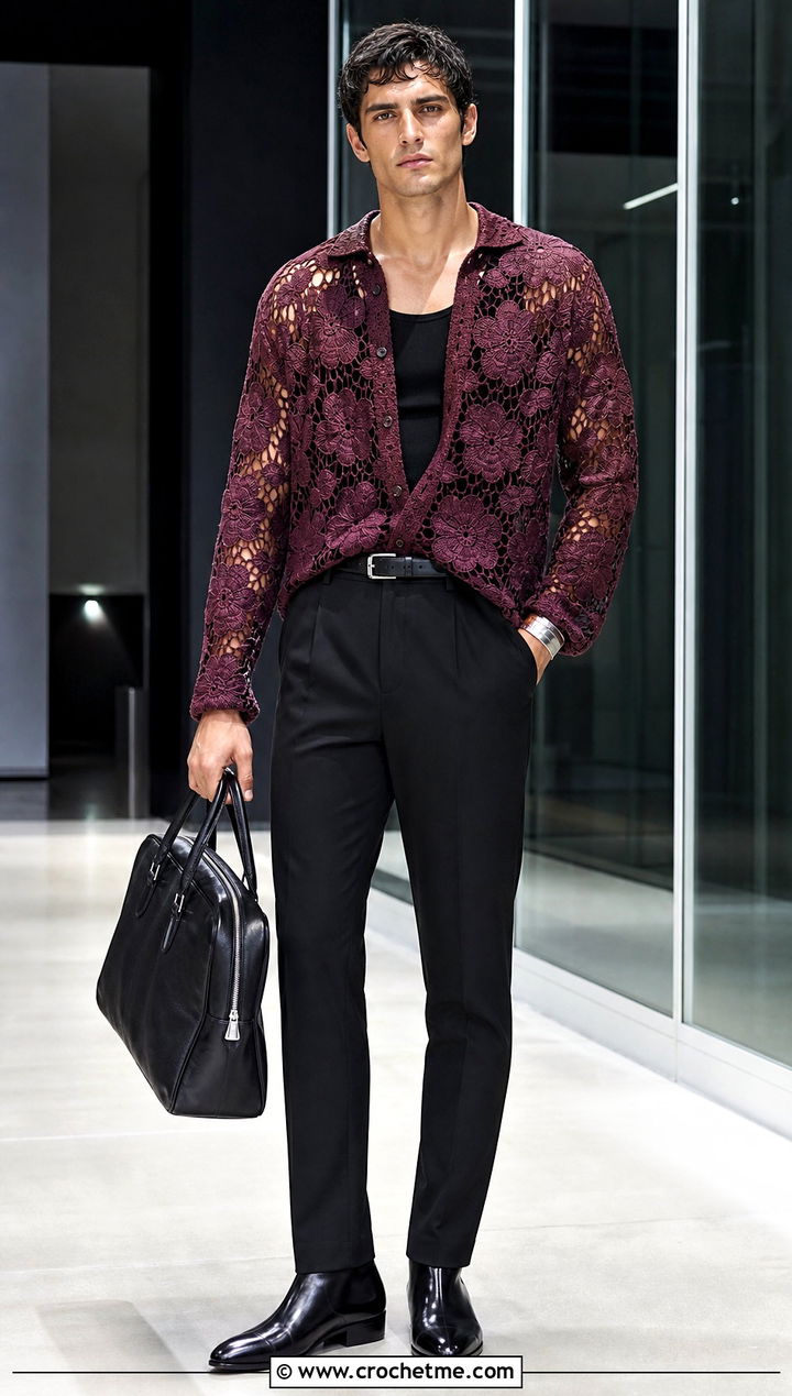 Floral Crochet Shirt With Black Tailored Pants - 35 crochet man shirt outfit ideas