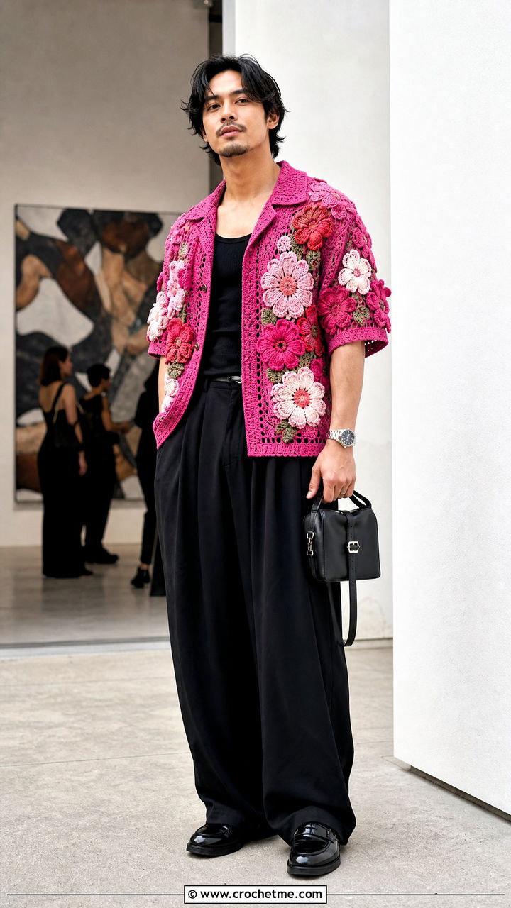 Floral Crochet Shirt With Black Wide Leg Pants - 35 crochet men shirt outfit ideas