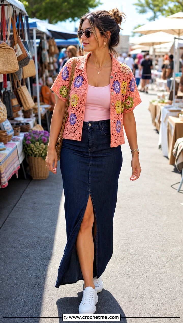 Floral Crochet Shirt With Denim Maxi Skirt - 35 crochet shirt women outfit ideas