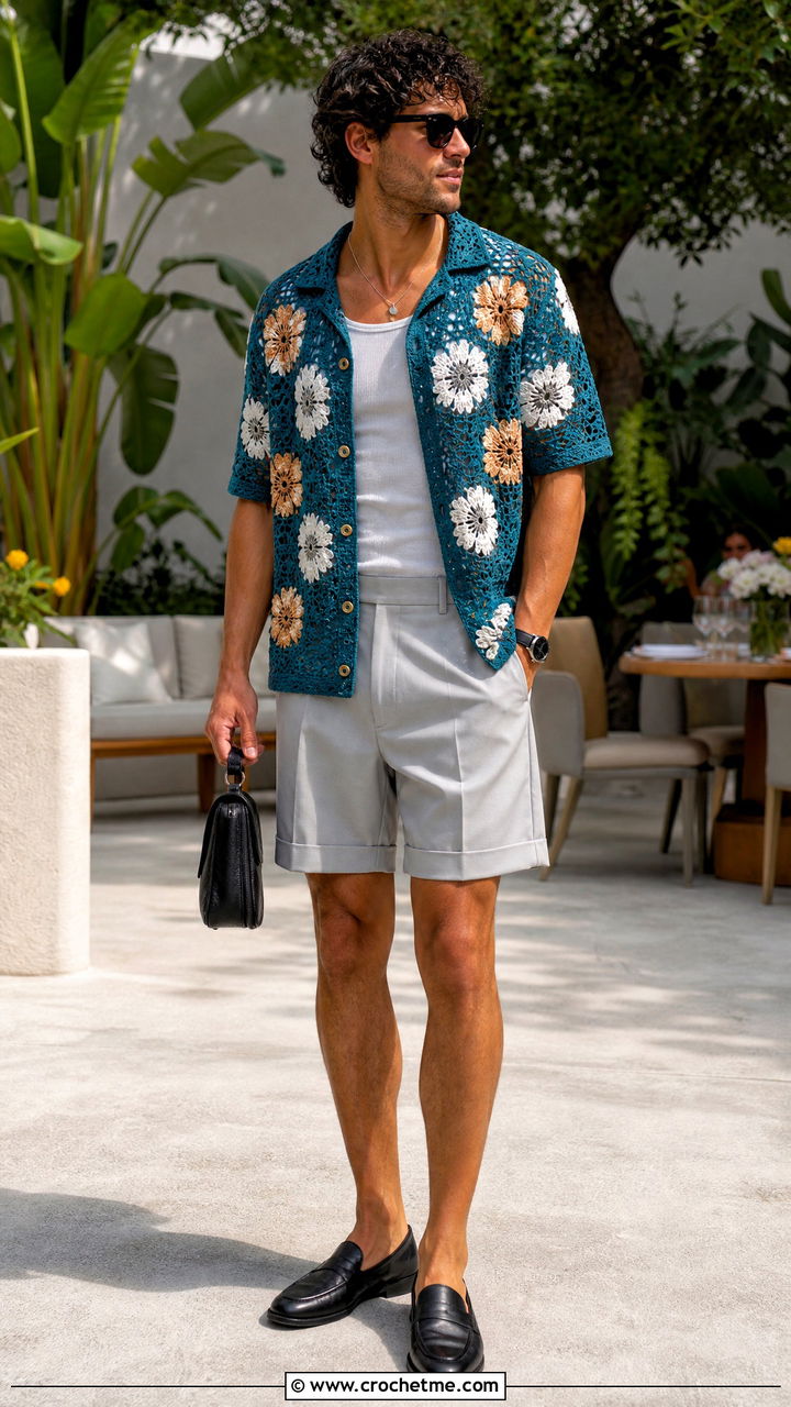 Floral Crochet Shirt With Tailored Shorts - 35 crochet mens shirt outfit ideas
