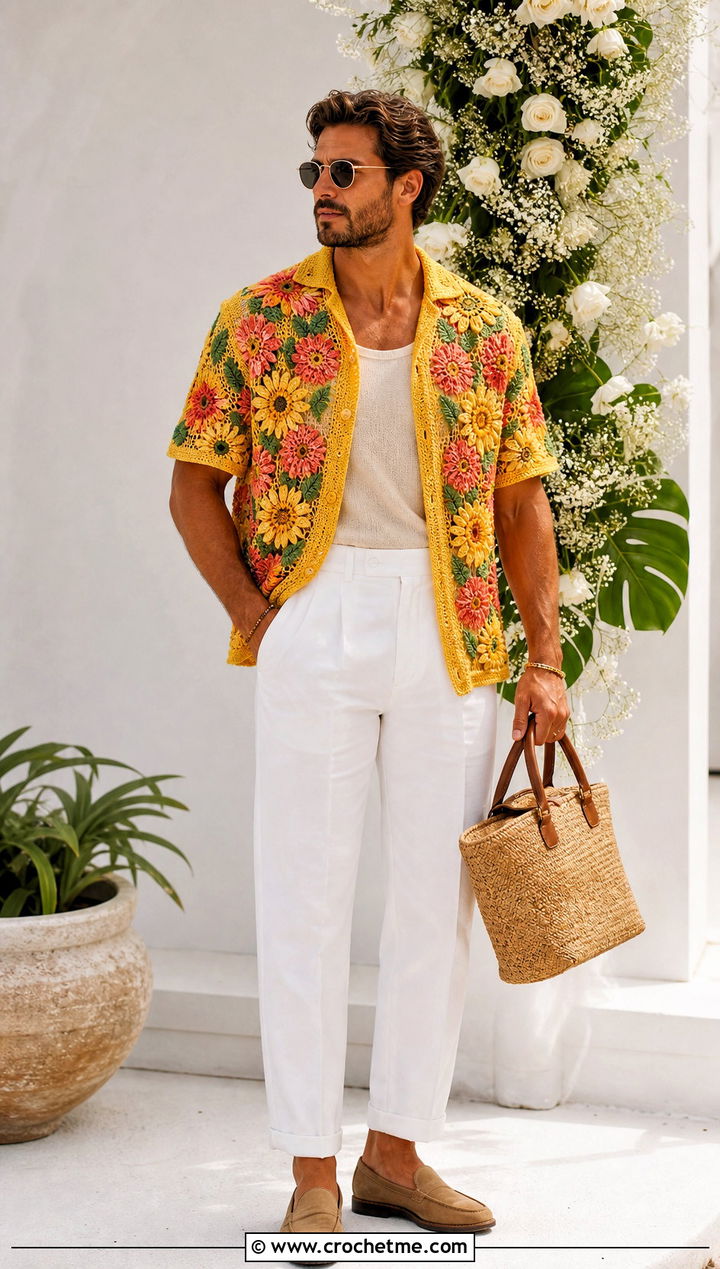 Floral Crochet Shirt With White Trousers - 35 Mens Crochet Top outfit ideas