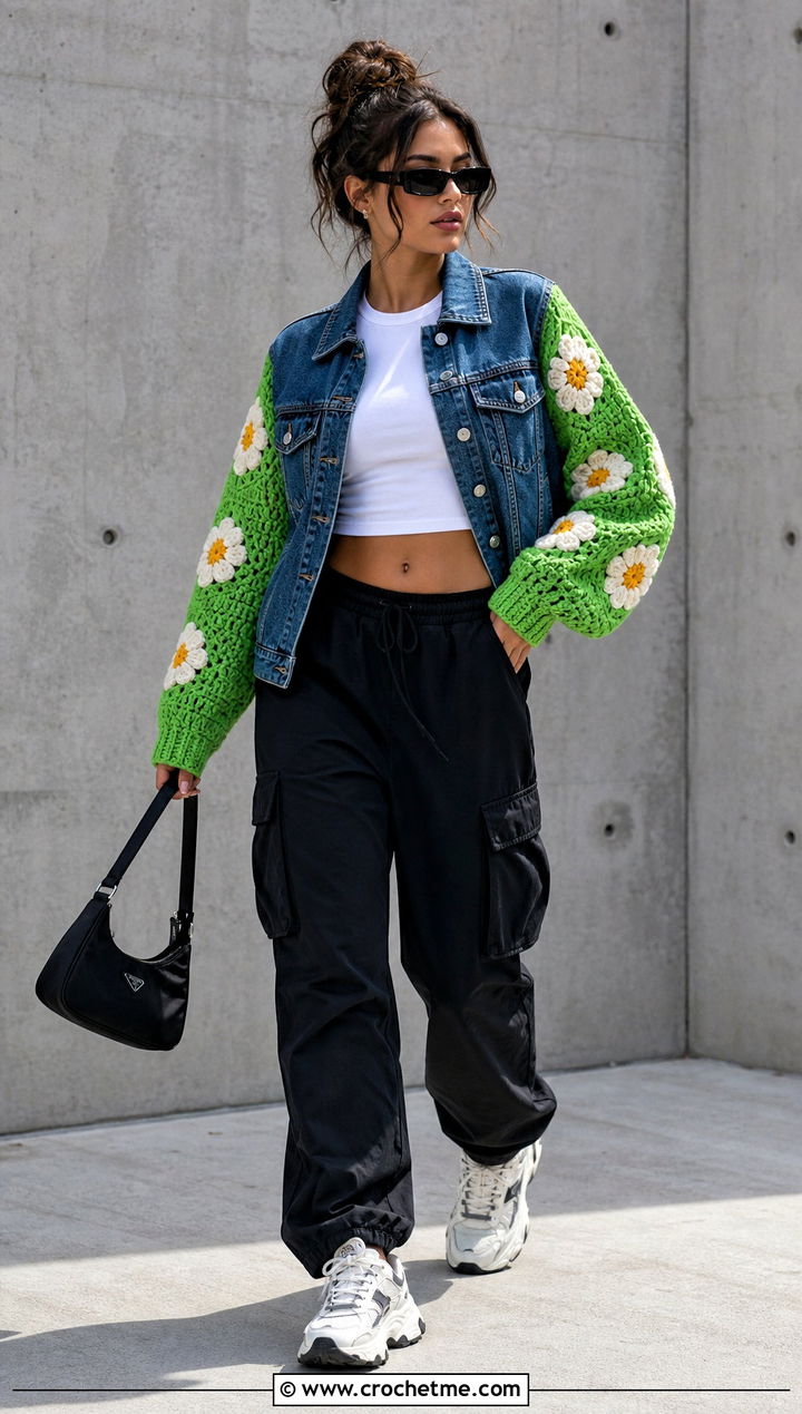 Floral Crochet Sleeve Denim Jacket With Cargo Pants - 30 crochet denim jacket outfit ideas