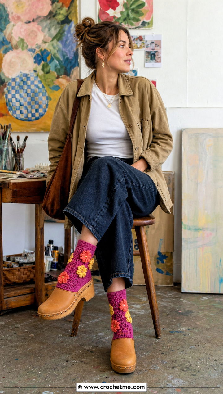 Floral Crochet Socks With Wide Leg Jeans And Clogs - 25 Quick Crochet Socks outfit ideas