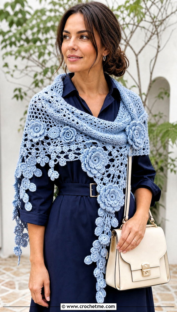 Floral Crochet Sweater Scarf Wrap With Shirt Dress - 30 crochet scarf sweater wrap outfit ideas