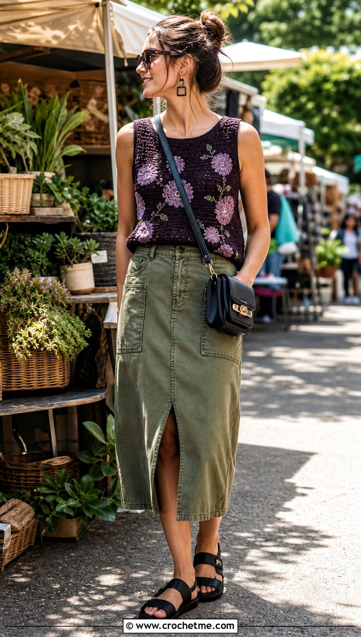 Floral Crochet Sweater Tank With Utility Skirt - 25 Crochet Sweater Tank outfit ideas