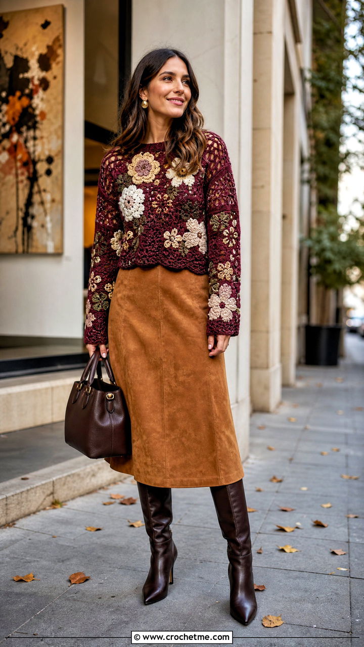 Floral Crochet Sweater Top With a Suede Midi Skirt - 35 crochet flower top outfit ideas