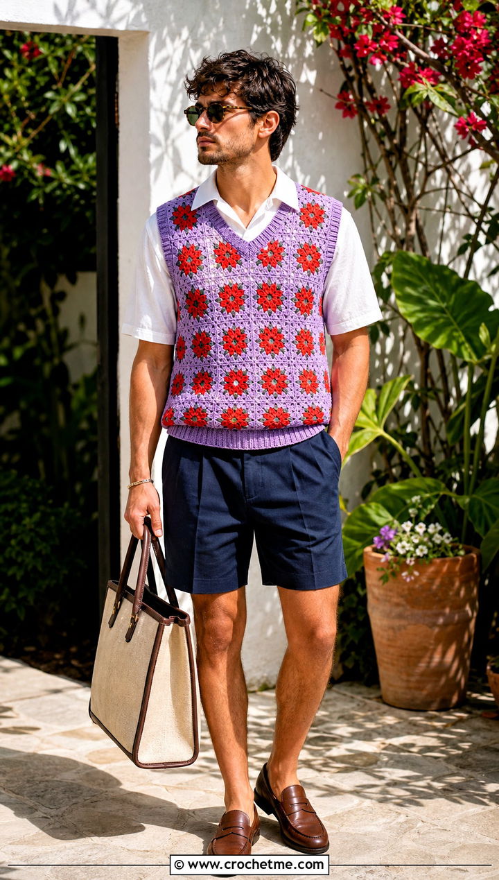 Floral Crochet Sweater Vest With Tailored Shorts - 30 Mens Crochet Outfit ideas